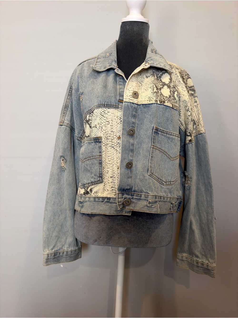 POL Light Blue Denim Bomber Jacket with Cream Snake-Print Panels